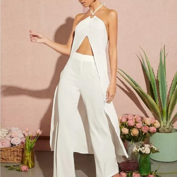 Shein Pants & Jumpsuits | Shein White Halter Jumpsuit With Textured Wide-Leg Design | Color: White | Size: 2