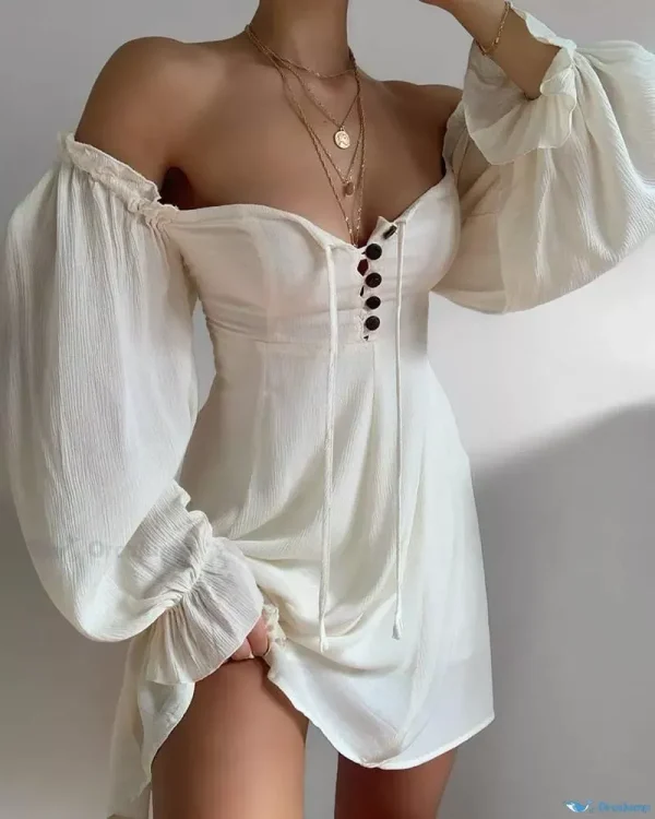 OrcaJump - Elegante vestido sin hombros con detalle de botones y mangas farol