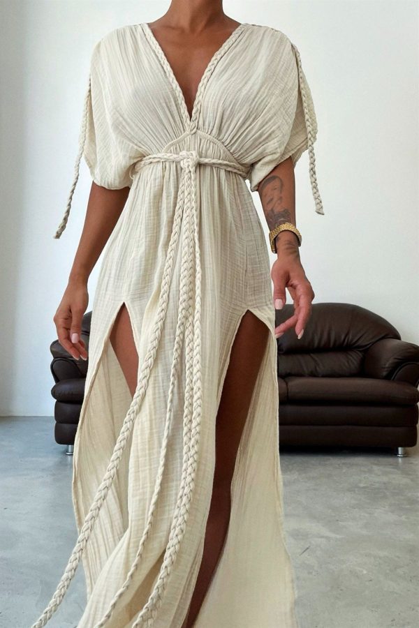 Knit Belt Deep V-Neck High Double Slit Boho Dress,Goddess Summer Dress,Cottagecore Dress,Maternity Dress,Grecian Modest Wedding Dress,Casual
