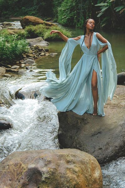 NEW! Sky Blue Makosh Goddess Dress  Light Cotton Formal Wrap Dress  Boho Maxi Dress