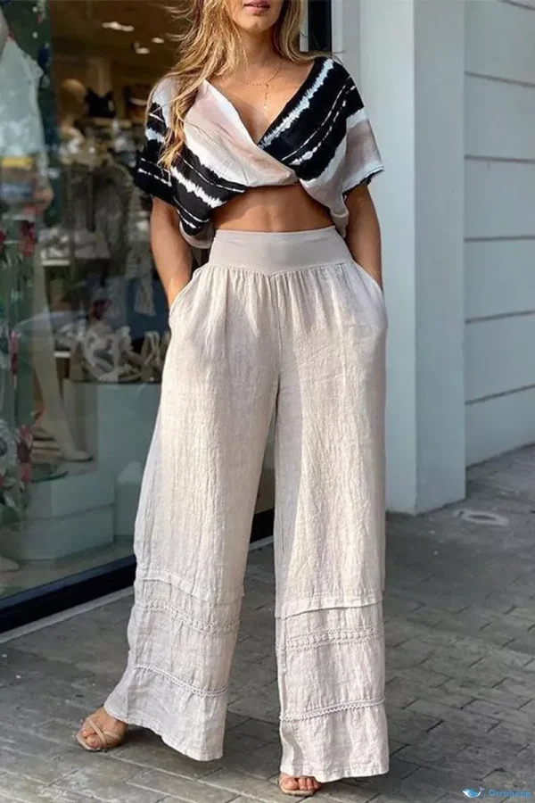 OrcaJump - Elegante conjunto de dos piezas: Blanco Color Sólido V Cuello Manga Corta para Casual Daily Wear