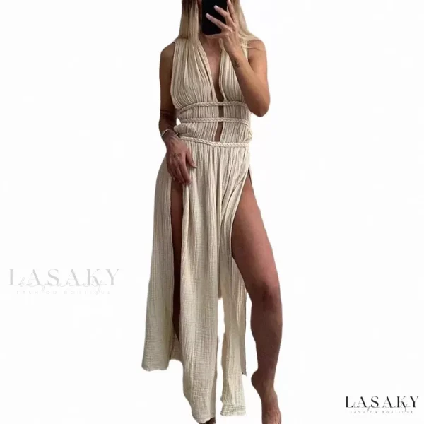 Lasaky - Chic Sleeveless Belted Cutout Slit Maxi Dress