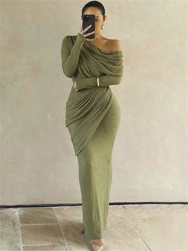 Zingj Draped Off-Shoulder Long Sleeve Top And Maxi Skirt Set- Outfit Ideas green-M