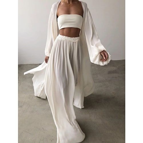 Women Sexy Boho Shirt Cotton Linen Sets Two Piece Sets Long Sleeve Puff Sleeve Plain Going out Beach Black White Camel Fall  Winter Loose Fit