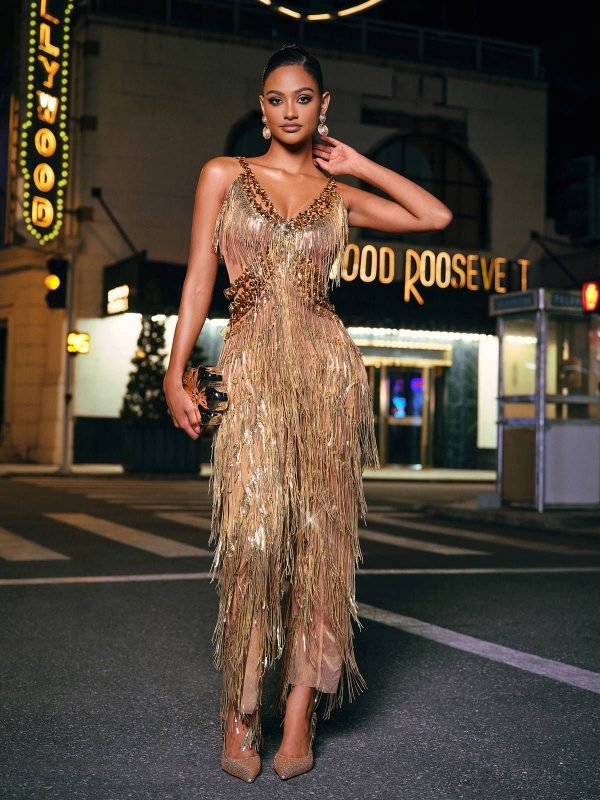 Charnita V Neck Rhinestone Fringe Jumpsuit - S