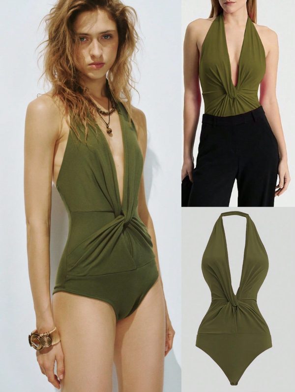 Women's Boho Halter Neck Holiday Green Olive Green Casual Romantic Elegant Travel Commuting Home High Elastic Fabric Twist Design Bottom Fir Tight Comfortable Skin-Friendly Concert Outfit Women V-Neck Western Wear Bodysuit
