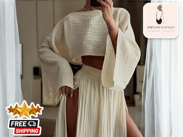 Women's Boho Skirt Set | High Slit Maxi Skirt | Crop Top Wear | Ladies Beach Outwear | Long Sleeve Linen Top | Fashionable Party Outfit