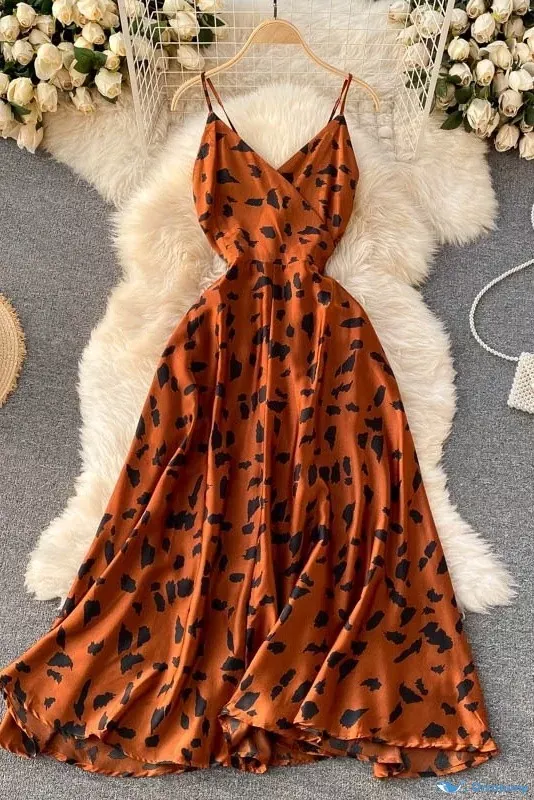 OrcaJump - Orcajump - Vestido de noche cruzado para mujer con escote en V, elegante ajuste sin hombros y estampado de lunares acuarela. - Caramelo, S