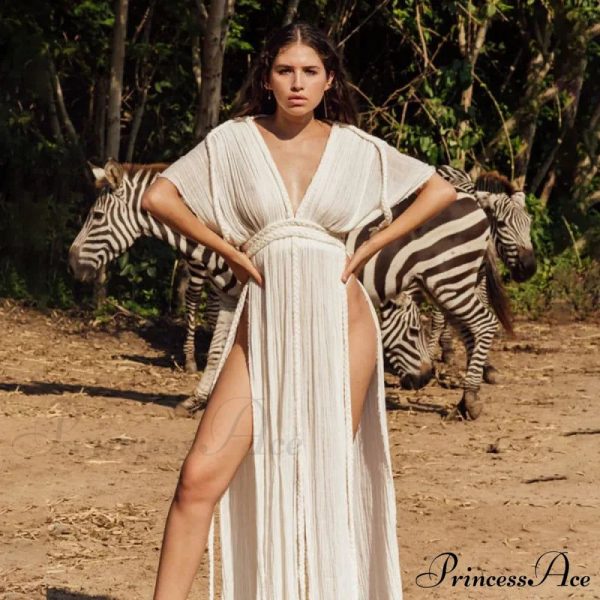Bohemia Holiday Dress Elegant Solid Casual Loose Long Dresses Summer Christmas Party Dress - White 1 One Size
