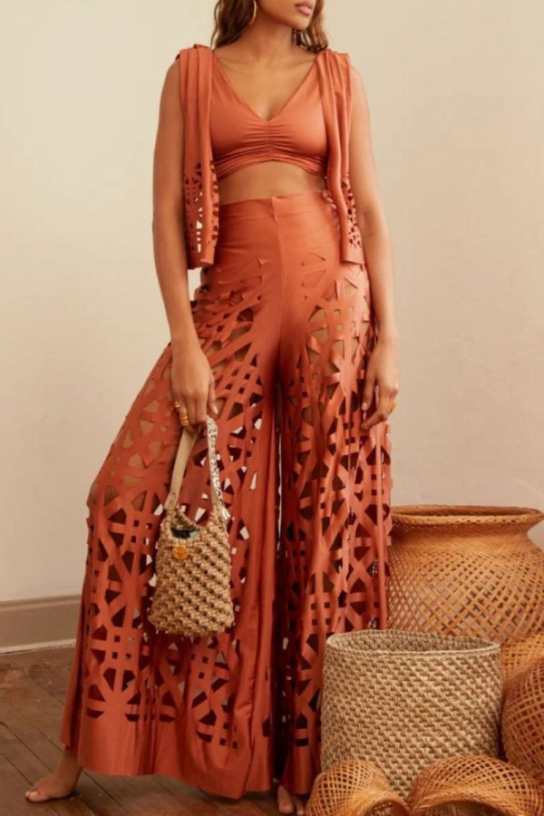Casual Solid Hollowed Out V Neck Sleeveless Two Pieces - Orange / L