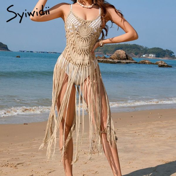 Syiwidii Sexy Hollow Out Cover Ups for Swimwear Women Chic Tassel Suspender Bikini Cover Up Fashion