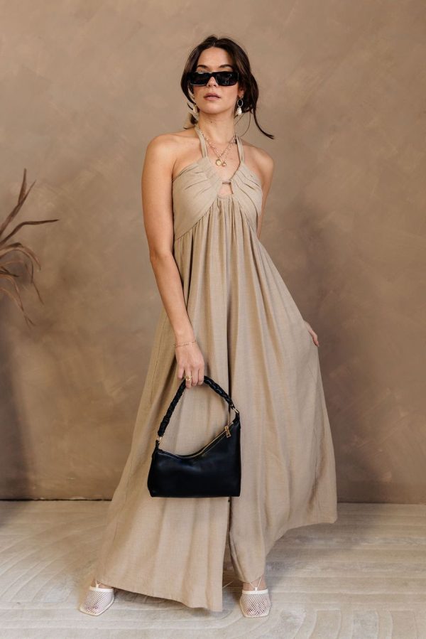 Taupe Halter Wide Leg Jumpsuit – Ashton Keyhole Jumpsuit - Lizard Thicket