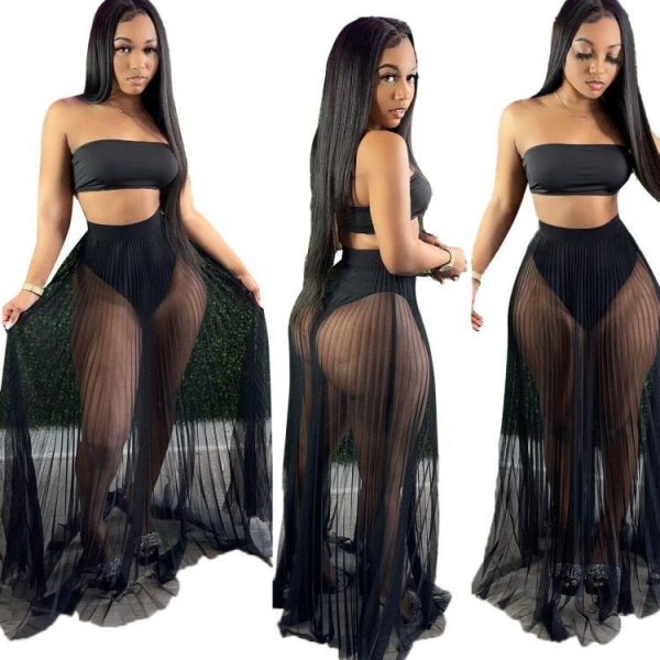 Zingj Through Mesh Women Skirts + Off Shoulder Crop Tank Top + Panty Bikini Suit 2021 Summer Holiday Neon Beach Bathing Suit 3pcs Black-XL-United States