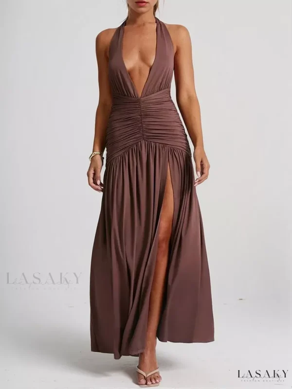 Elegant Maxi Dress with Backless Design - Brown, S
