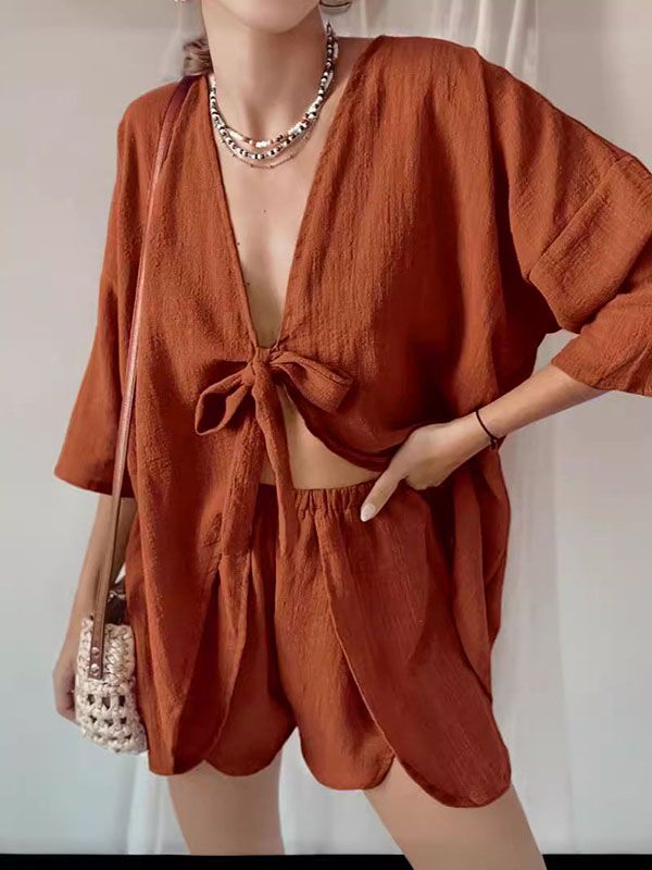 Solid Color Tied Half Sleeves V-Neck Shirts Top + High Waisted Elasticity Shorts Bottom Two Pieces Set BROWN-L