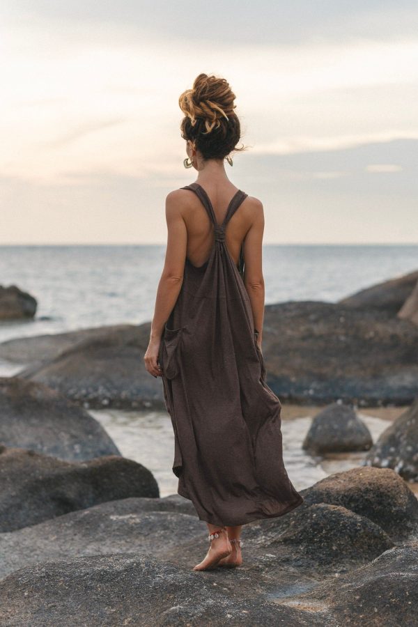 Sleeveless Pocket Dress Mahika Brown / Bohemian Dress / 100% Cotton