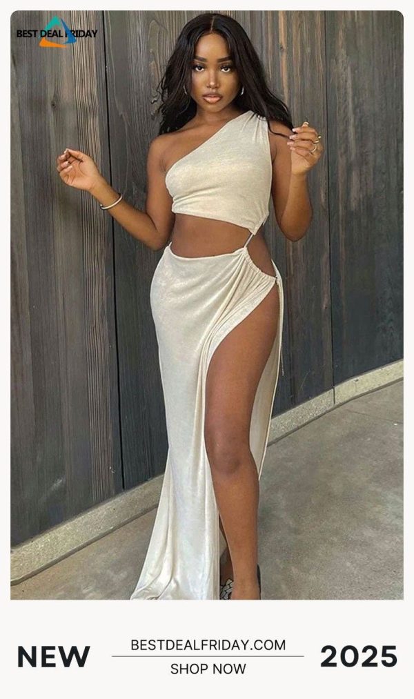 Sexy One Shoulder Cutout High Slit Sheer Maxi Dress - Apricot