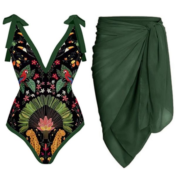 Vintage Women One Piece Swimsuit Deep V Green Swimwear Cover Up Female