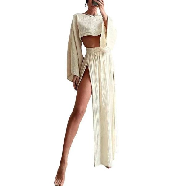Elegant Women Crop Tops & High Waist Slit Maxi Skirts 2 Pieces Linen Pants Sets Beach Cover Ups Lounge Matching Sets - Apricot / S