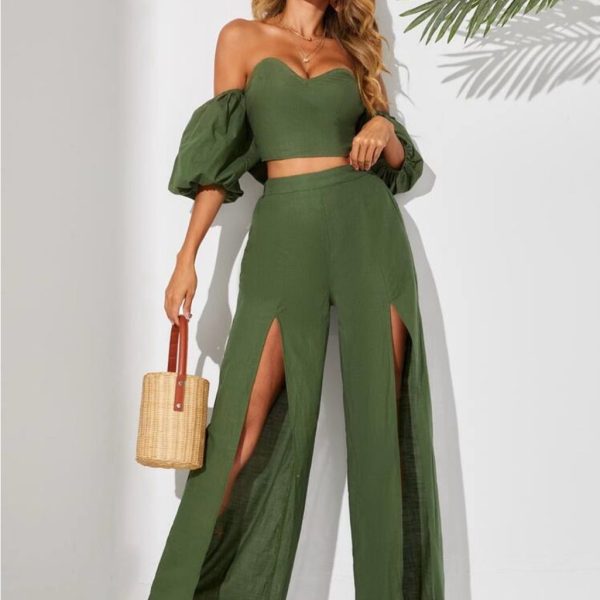 Shein Pants & Jumpsuits | Elegant Green Off-Shoulder Two Piece Set | Color: Green | Size: M