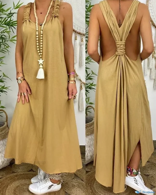 OrcaJump - Elegante maxivestido sin espalda con detalle fruncido y abertura asimétrica