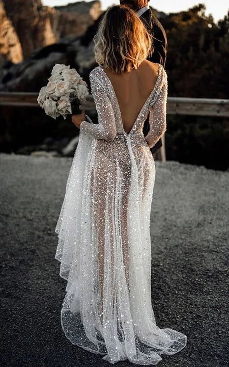 Sexy Illusion Beaded Ethereal Sheath Long Sleeve Plunged Dress - 6