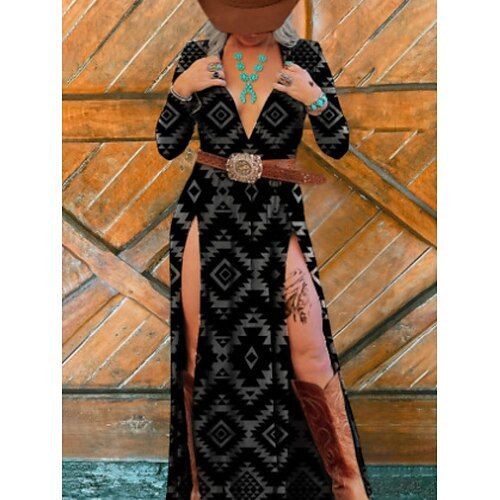 Women's Boho Dress Western Dress Vintage Maxi Dress A Line Dress Summer Dress Casual Daily Regular Fit Floral Graphic Long Sleeve V Neck Black Summer