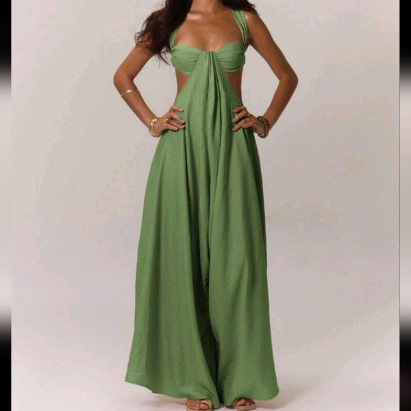 Boho Ruched Bust Extreme Wide Leg Jumpsuit | Color: Green | Size: Various