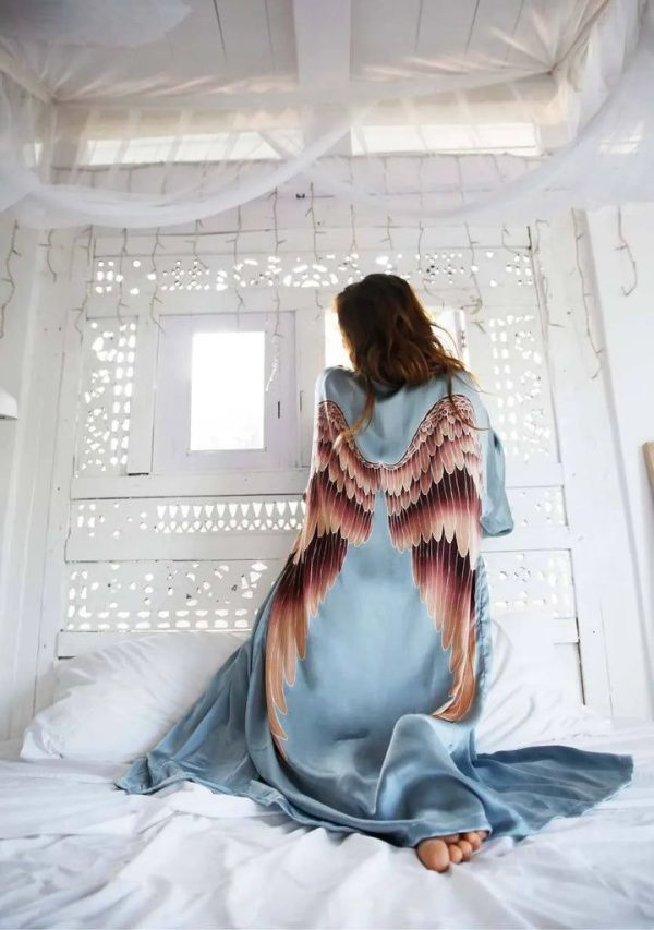 Angel Wing Bathrobe Luxe - SilkIce-blue with Aubergine Wings / XS/S - AUS 7 -11