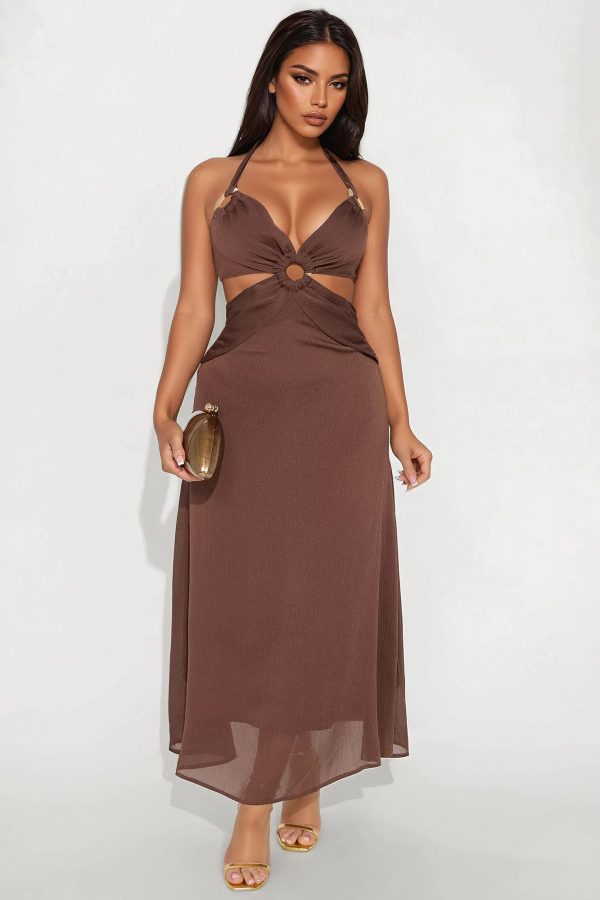 Women's Melissa Backless Halter Maxi Dress in Brown Size XS