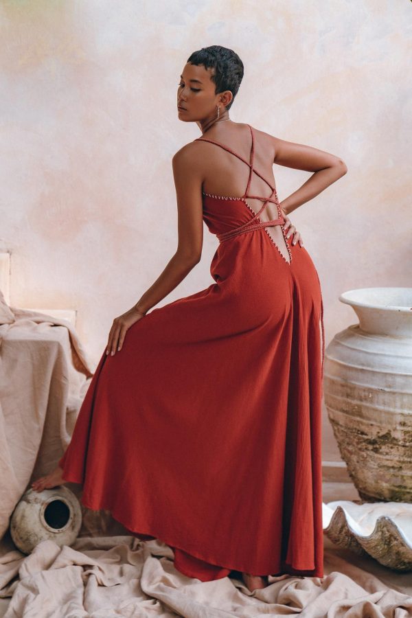 Organic Red Cotton Maxi Dress • Sleeveless Hand Embroidered Dress - M