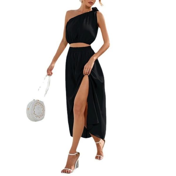 Women's Fashion High Waist Shoulder Bow Suit Skirt Dress Two-piece Set - Black / L