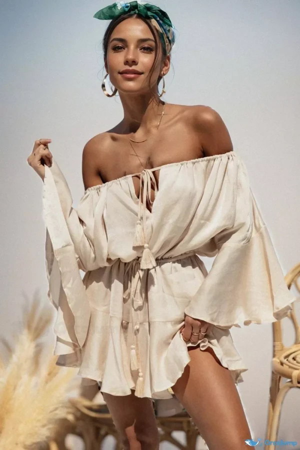 Orcajump - Adjustable V-neck Loose Jumpsuit with High Waist, Drawstring, Solid Color, and Flared Sleeves - Beige Color, S