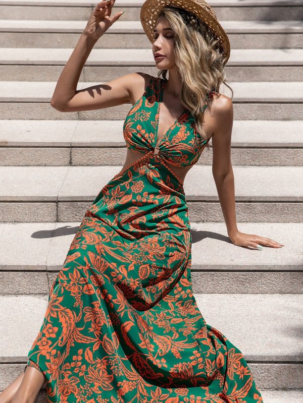 Floral Print Ring Linked Cut Out Tie Back Maxi Dress Vacation Beach Outfits Women