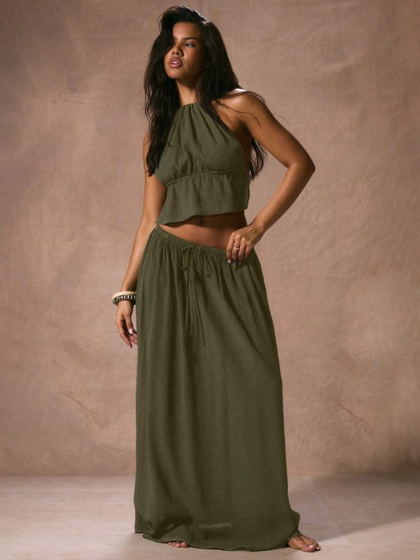 Low Rise Drawstring Waist Floaty Maxi Skirt Beach Cover Up Vacation Spring Summer Elegant Sexy