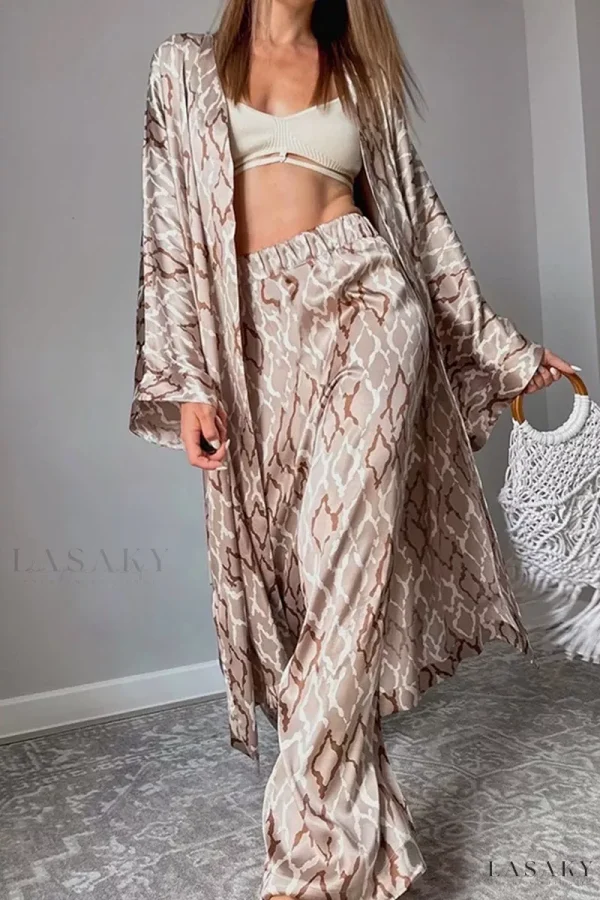 Lasaky - Geometric Print Patchwork V-Neck Long Sleeve Two-Piece Ensemble for Casual Wear - Khaki, M