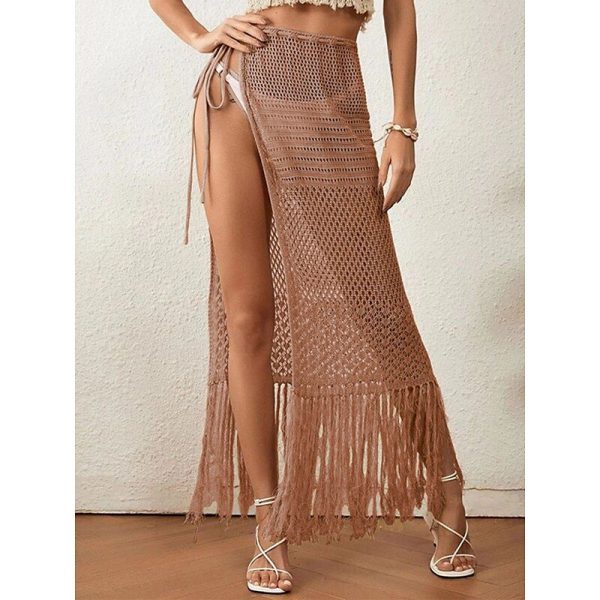 Women's Swimwear Cover Up wrap Skirt Swimsuit Fringe Hem Vacation Beach Wear Solid Color Sleeveless Bathing Suits