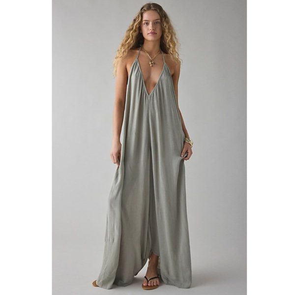 Out From Under Seas The Day Backless Halter Gauze Jumpsuit in Desert Sage, Women's at Urban Outfitters