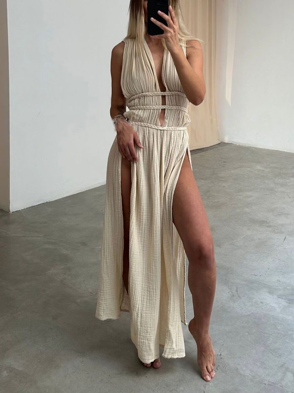 Boho Braids Belt Cutout Slit Kaftan Maxi Dress - Beige / XL