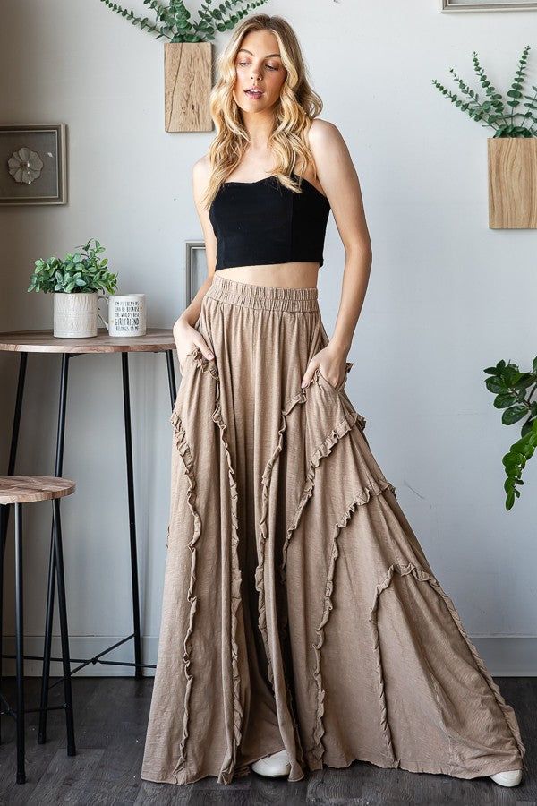Oli & Hali Ruffled Trim Wide Leg Pants in Mocha - L