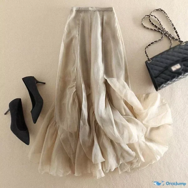 Orcajump - Leaf Print Midi Skirt: Lightweight, High Waisted, Asymmetrical, Flowy, Sheer Skirt - Champagne, S