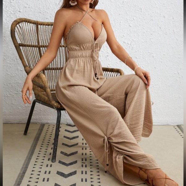 Boho Ruched Criss Cross Backless Open Back Smocked Wide Leg Jumpsuit | Color: Tan | Size: Various