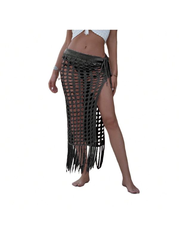 Women Summer Solid Color Skirt, Hollow Out High Waist Beachwear Skirt With Tassel Decoration