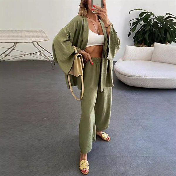 Women's Fashion Streetwear Cotton Linen Sets Two Piece Sets Pants Sets Short Sleeve V Neck Plain Daily Wear Date Black Green Khaki Summer Regular Fit