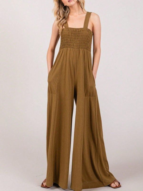 Womens Casual Boho Chic Smocked Bodice Wide Leg Jumpsuit Brown Sleeveless Floor Length Square Neck Flowy Draped Summer Beach Resort Wear Palazzo Overall