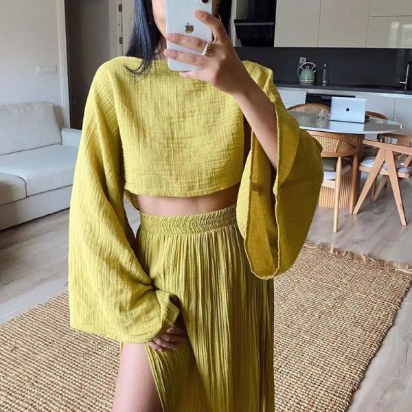 Linen Flare Sleeve Top & Slit Skirt Set - Yellow / L