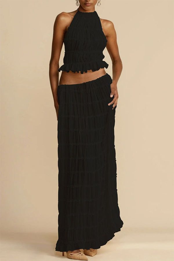 Versatility and Vintage Charm Pleated Drawstring Waist Tiered Maxi Skirt - Black / L