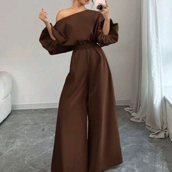 Women's Casual Solid Color Asymmetric Neck Lantern Sleeve Top And Wild Leg Pants | Color: Brown | Size: Various