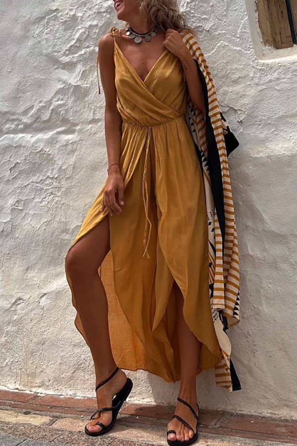 Solid Color V Neck Sleeveless Slit Jumpsuit - Caramel / S