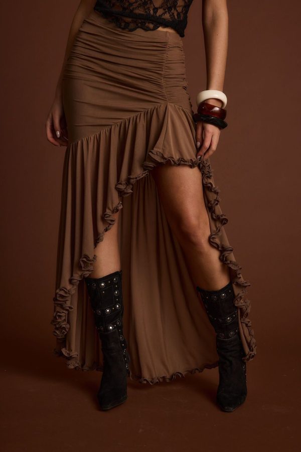 Evanna Brown High Low Ruffle Mesh Maxi Skirt - M